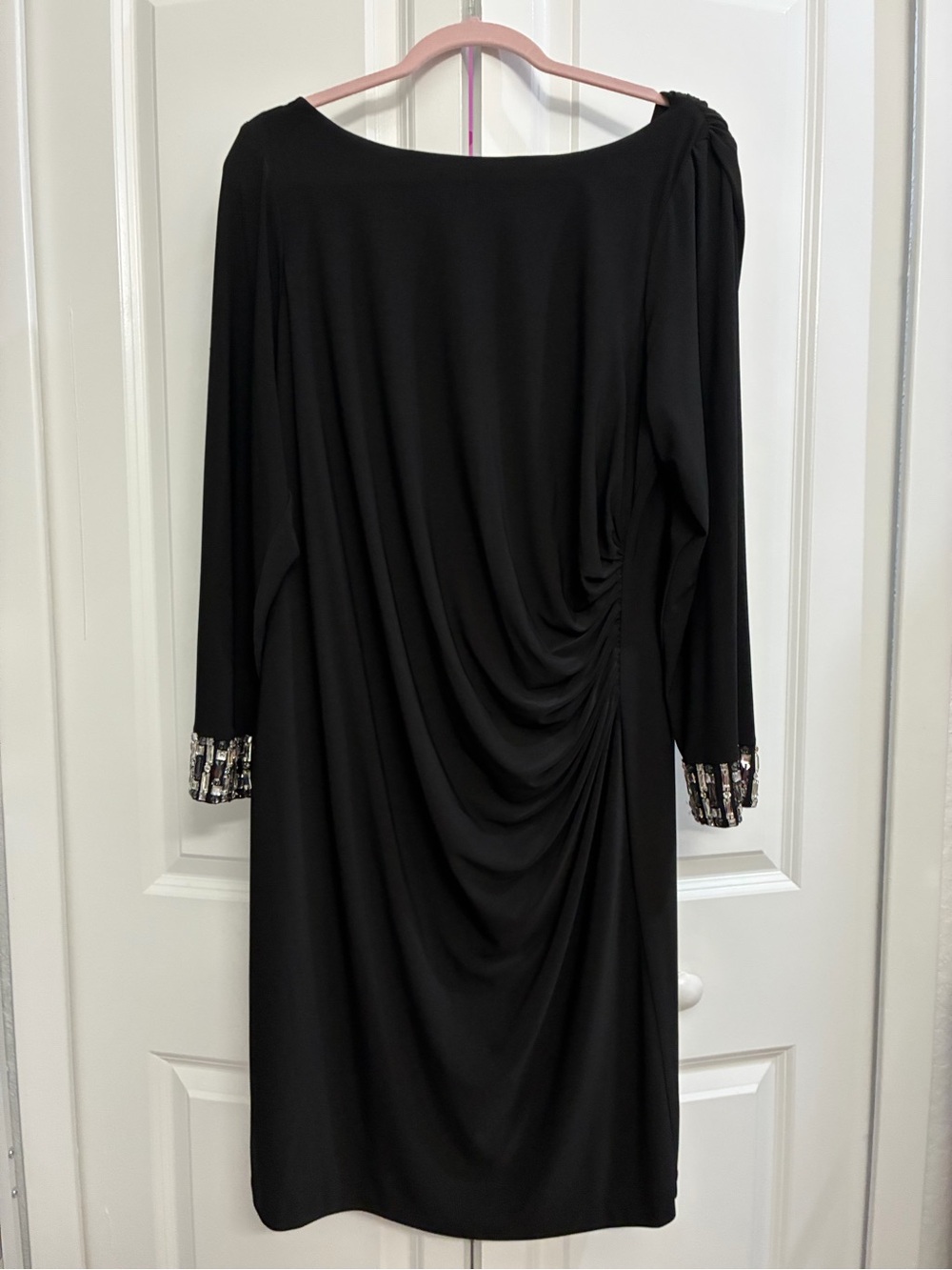 Eliza J Black Long-Sleeve Draped Evening Dress with Embellished Cuffs